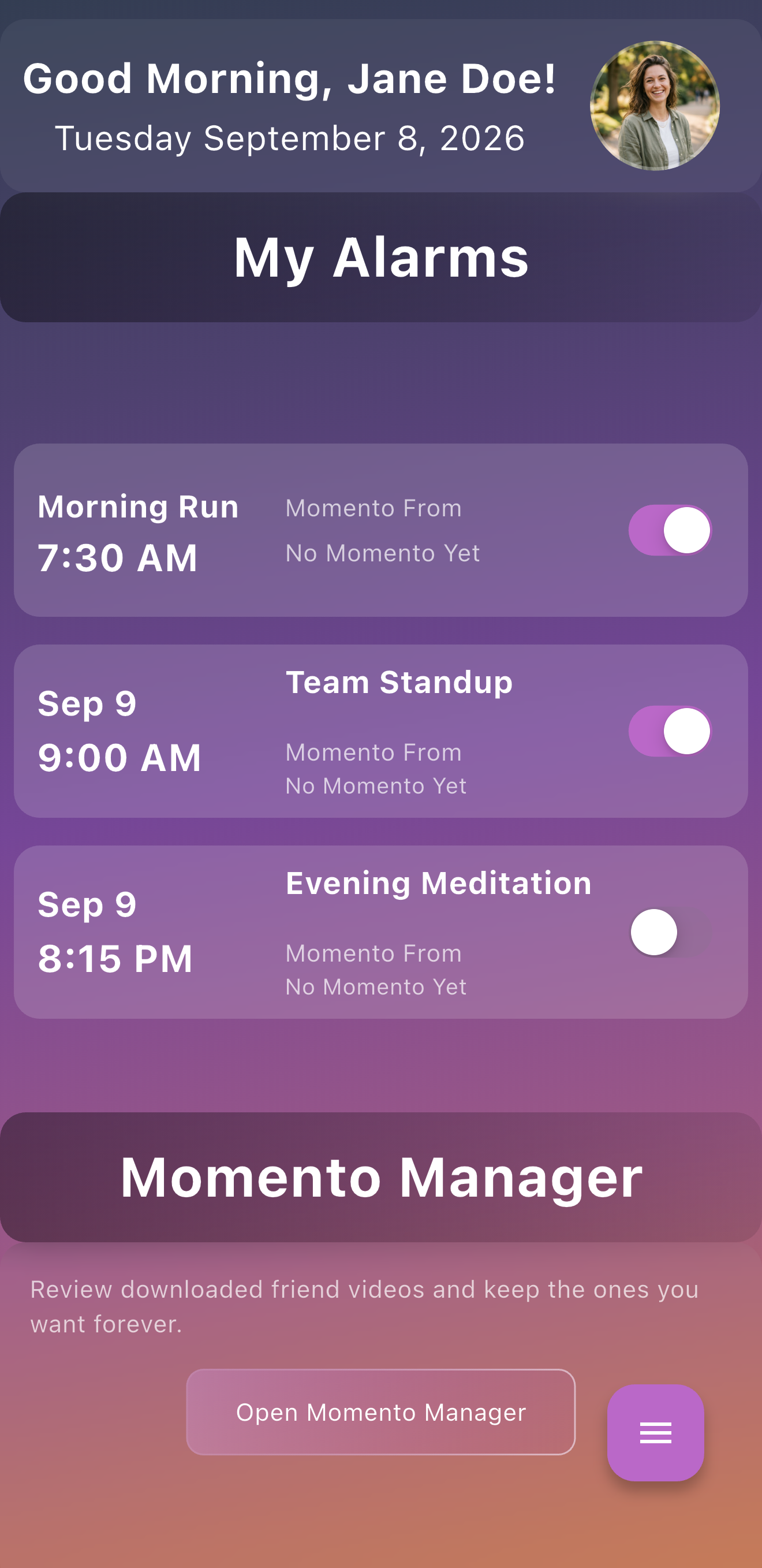 Momento showing a list of alarms